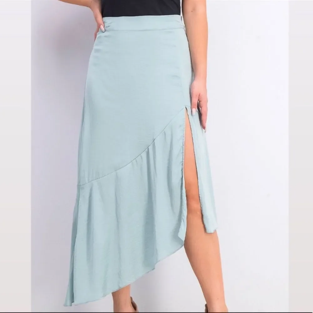 Free People Lola Asymmetrical Seafoam High Slit Ruffled Skirt Size 6